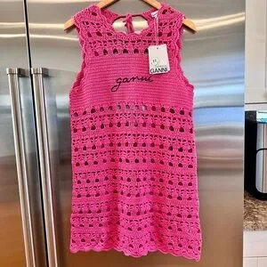 Ganni | Dresses | Nwt Ganni Pink Crochet Knit Coverup Mini